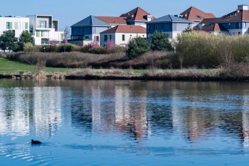 Photographie de l'étang aux grives dans le parc du Génitoy (Bussy Saint-Georges). Au loin, sont visibles des logements