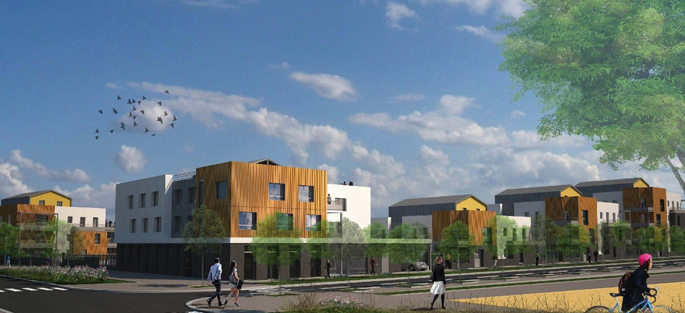 Crédit : © Emmaüs / Architecte : François Pelegrin / Paysagiste : Trait vert 2016 : Premier permis de construire déposé en BIM / Lot SY7 dans l'Ecoquartier Le Sycomore