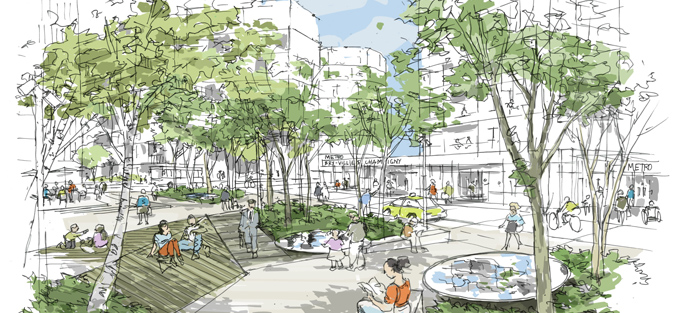 Croquis du projet urbain Marne Europe : la Place-Jardin - abords de la gare de Bry-Villiers - Champigny