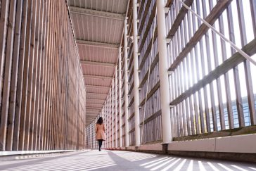 Crédit : © Epamarne / Architecte : JP. Bonnemaison / photo : Antoine Meyssonnier Couloirs en bois du gymnase de la Haute Maison à la Cité Descartes