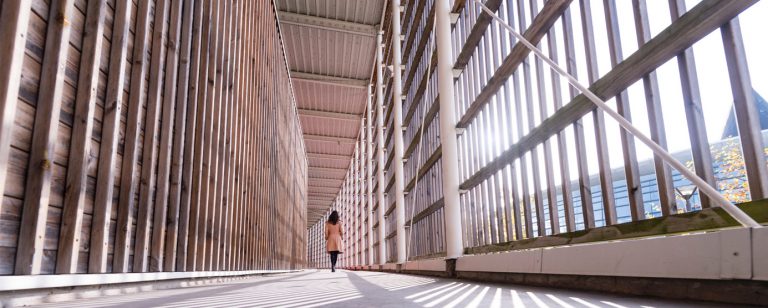Couloirs en bois du gymnase de la Haute Maison à la Cité Descartes