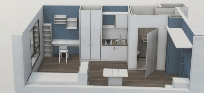 Plan 3D d'un studio de la résidence Crédit Agricole BBCA, à Noisiel