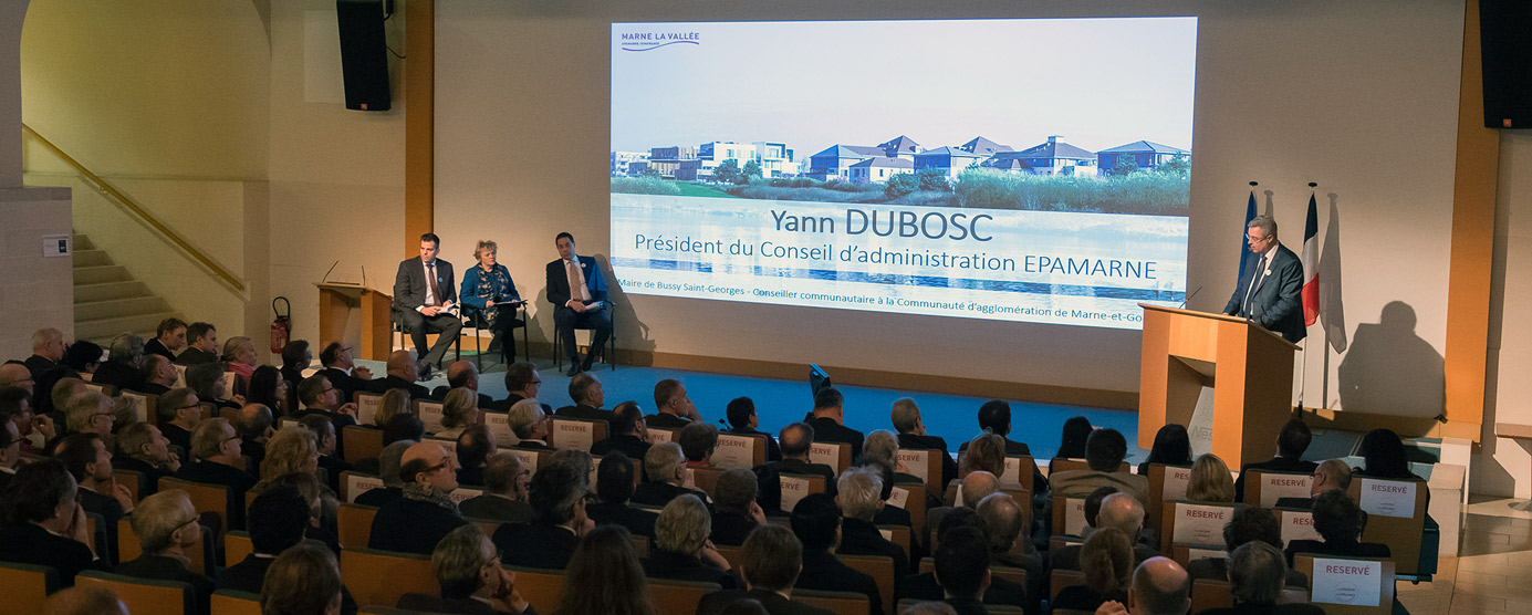 Allocution de Yann Dubosc, président du Conseil d'administration d'EPAMARNE, lors de la cérémonie des voeux 2018, à Noisiel