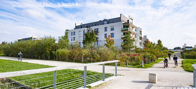 Photographie de pleins pieds d'espaces publics de l'écoquartier, Le Sycomore, à Bussy Saint-Georges