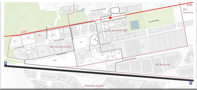 Plan : Périmètre d'étude du quartier d'entrée de ville de Bussy Saint-Georges
