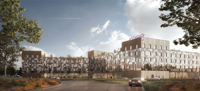 Crédit : © SCAPE - Ludovica di Falco / Architecte : Marcello Dagradi / Christian Chierici Présentation de l'avant-projet de l'hôtel Moxy, dans l'écoquartier de Montévrain