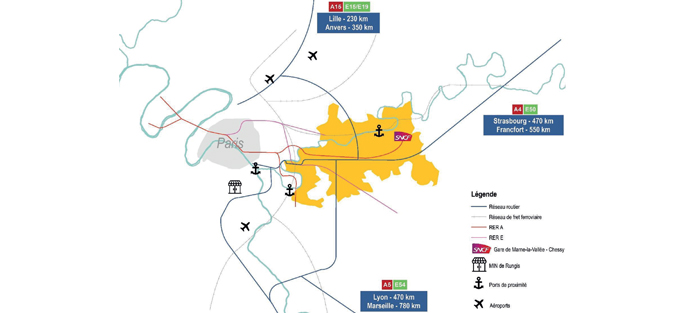 Carte des transports de Marne-la-Vallée au pôle de l'Est parisien.